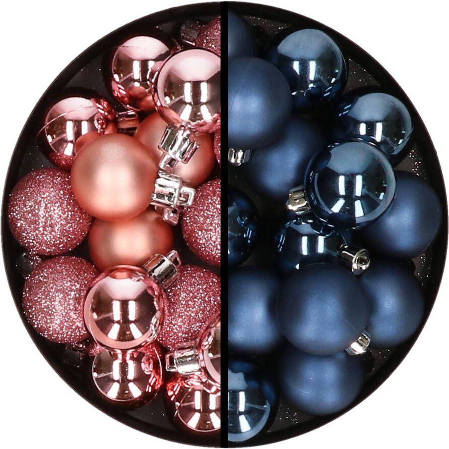 Merkloos 36x stuks kunststof kerstballen roze en donkerblauw 3 en 4 cm Kerstbal