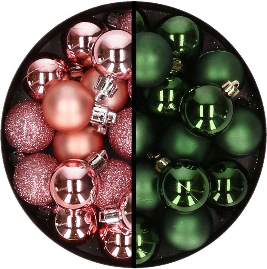 Merkloos 36x stuks kunststof kerstballen roze en donkergroen 3 en 4 cm Kerstbal