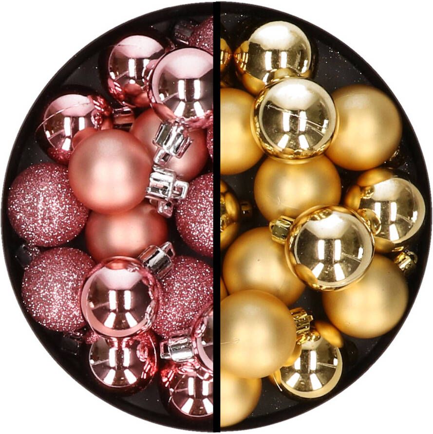 Merkloos 36x stuks kunststof kerstballen roze en goud 3 en 4 cm Kerstbal