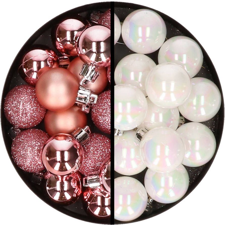 Merkloos 36x stuks kunststof kerstballen roze en parelmoer wit 3 en 4 cm Kerstbal