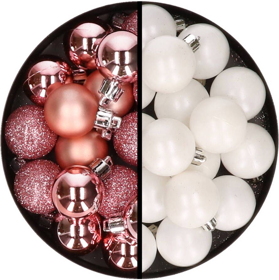 Merkloos 36x stuks kunststof kerstballen roze en wit 3 en 4 cm Kerstbal