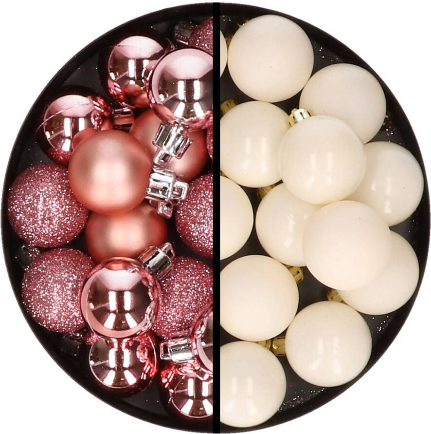 Merkloos 36x stuks kunststof kerstballen roze en wol wit 3 en 4 cm Kerstbal