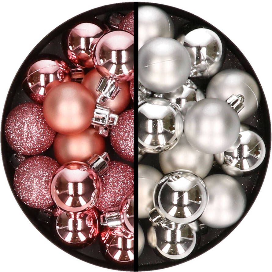 Merkloos 36x stuks kunststof kerstballen roze en zilver 3 en 4 cm Kerstbal