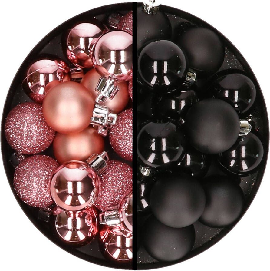 Merkloos 36x stuks kunststof kerstballen roze en zwart 3 en 4 cm Kerstbal