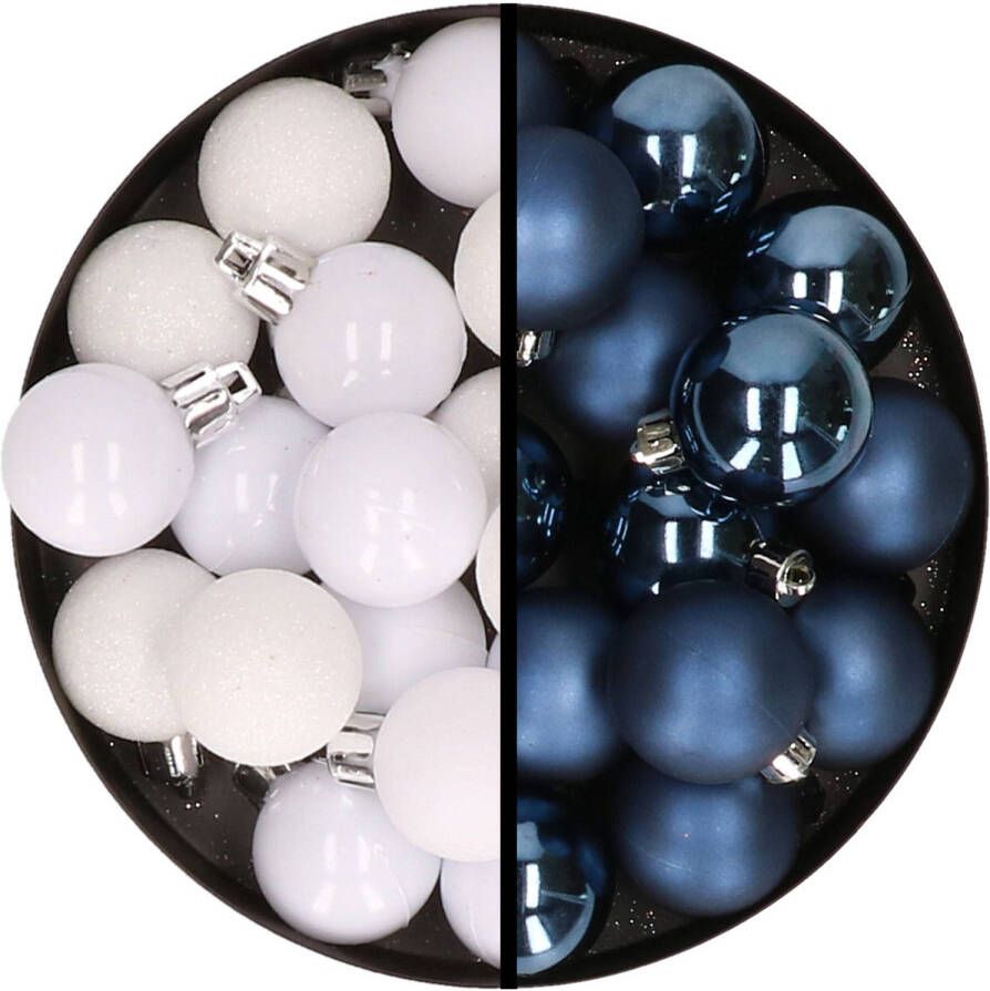 Merkloos 36x stuks kunststof kerstballen wit en donkerblauw 3 en 4 cm Kerstbal