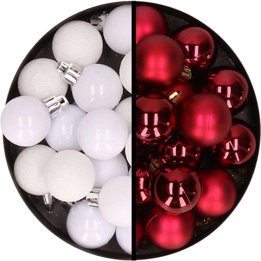 Merkloos 36x stuks kunststof kerstballen wit en donkerrood 3 en 4 cm Kerstbal
