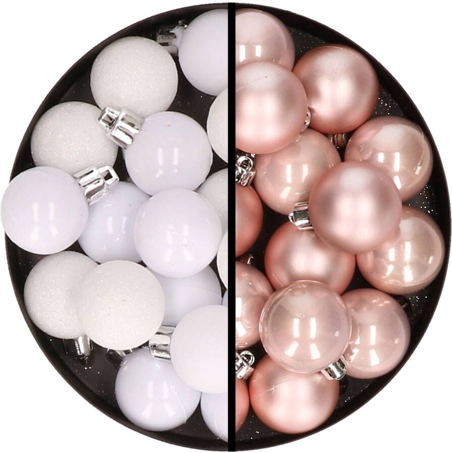 Merkloos 36x stuks kunststof kerstballen wit en lichtroze 3 en 4 cm Kerstbal