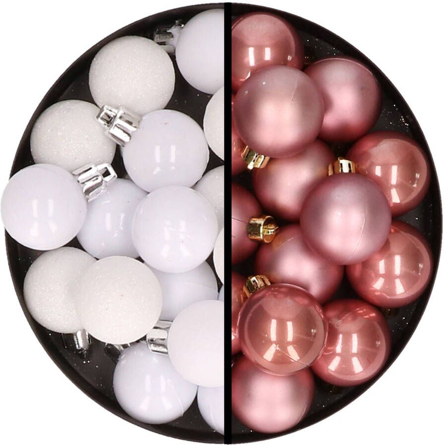 Merkloos 36x stuks kunststof kerstballen wit en oudroze 3 en 4 cm Kerstbal