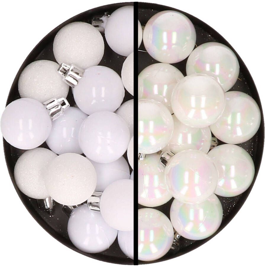 Merkloos 36x stuks kunststof kerstballen wit en parelmoer wit 3 en 4 cm Kerstbal