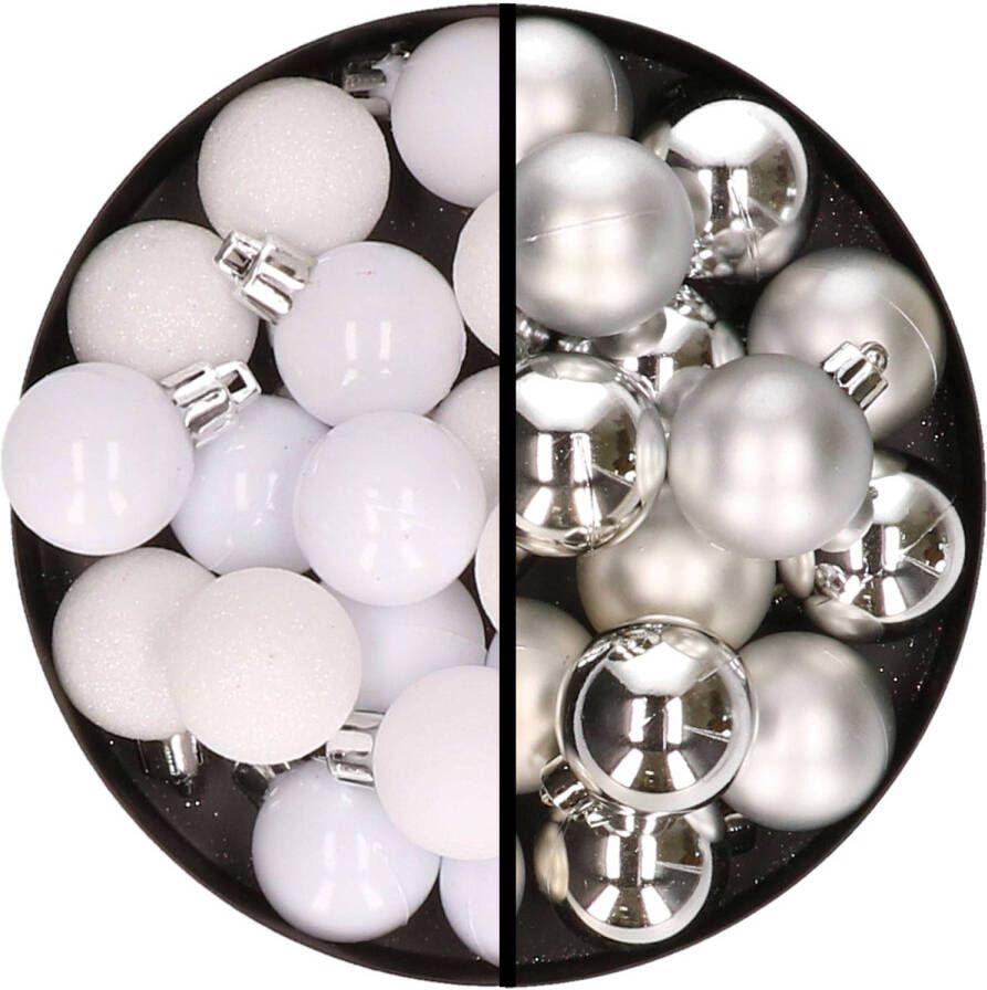 Merkloos 36x stuks kunststof kerstballen wit en zilver 3 en 4 cm Kerstbal