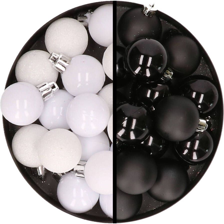 Merkloos 36x stuks kunststof kerstballen wit en zwart 3 en 4 cm Kerstbal