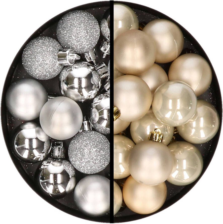 Merkloos 36x stuks kunststof kerstballen zilver en champagne 3 en 4 cm Kerstbal