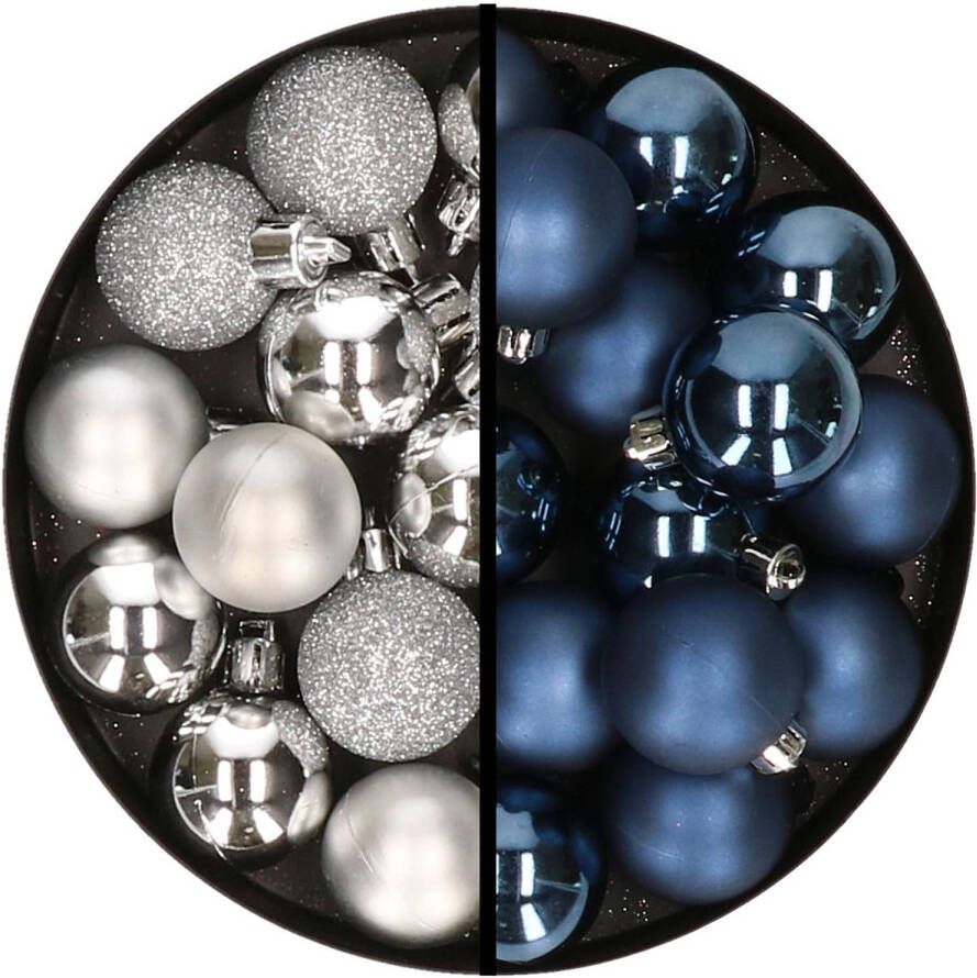 Merkloos 36x stuks kunststof kerstballen zilver en donkerblauw 3 en 4 cm Kerstbal