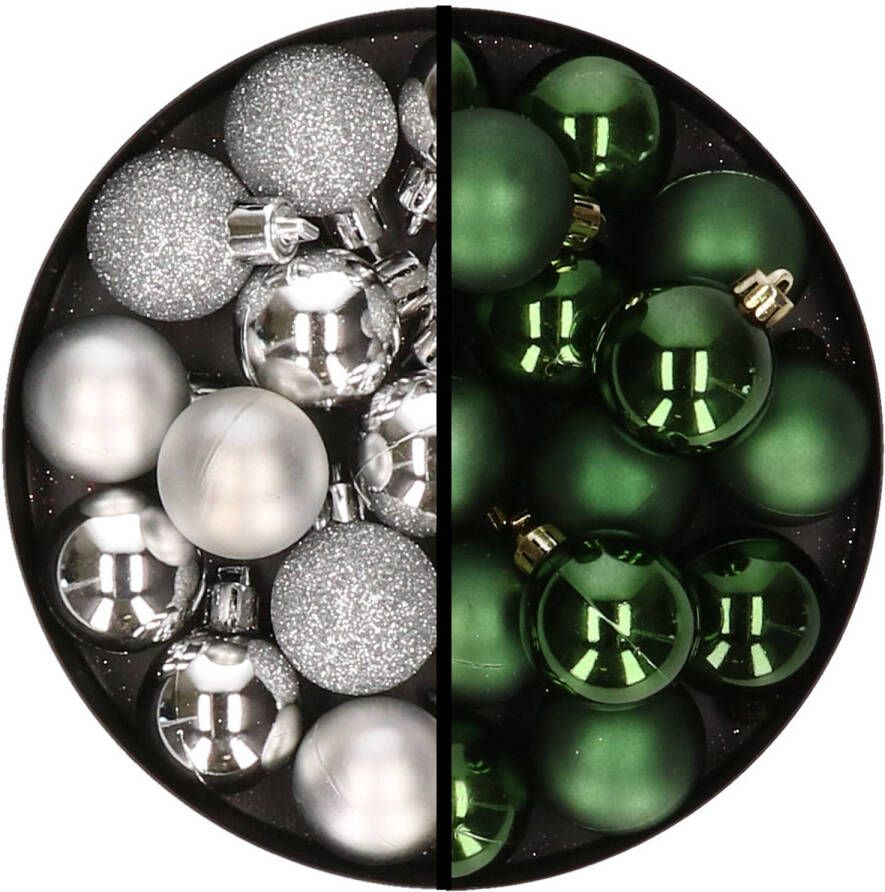 Merkloos 36x stuks kunststof kerstballen zilver en donkergroen 3 en 4 cm Kerstbal