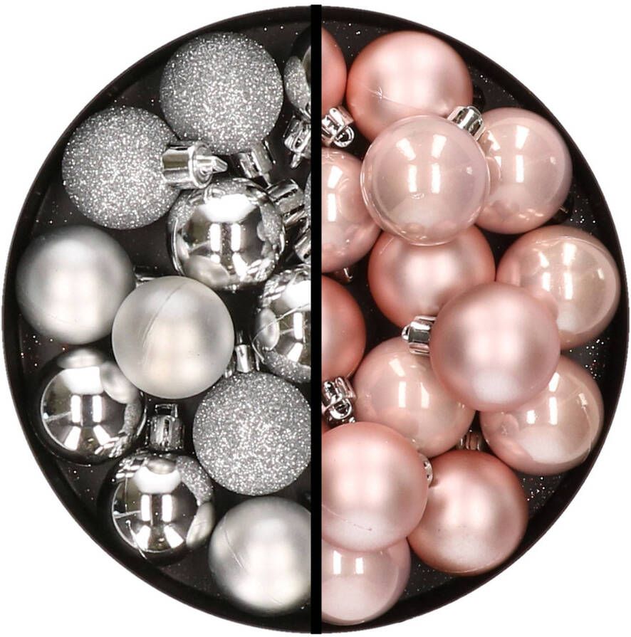 Merkloos 36x stuks kunststof kerstballen zilver en lichtroze 3 en 4 cm Kerstbal