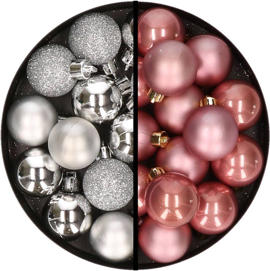 Merkloos 36x stuks kunststof kerstballen zilver en oudroze 3 en 4 cm Kerstbal