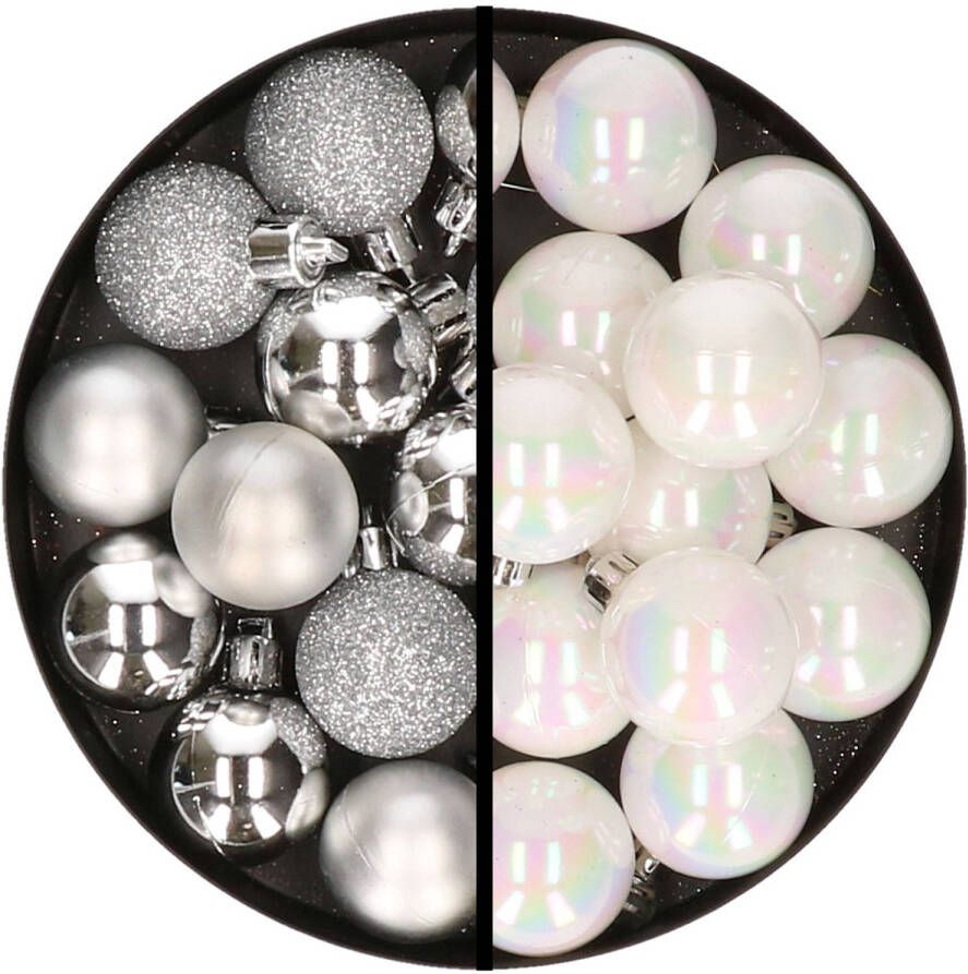 Merkloos 36x stuks kunststof kerstballen zilver en parelmoer wit 3 en 4 cm Kerstbal
