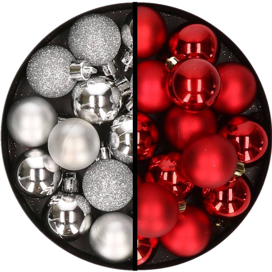 Merkloos 36x stuks kunststof kerstballen zilver en rood 3 en 4 cm Kerstbal