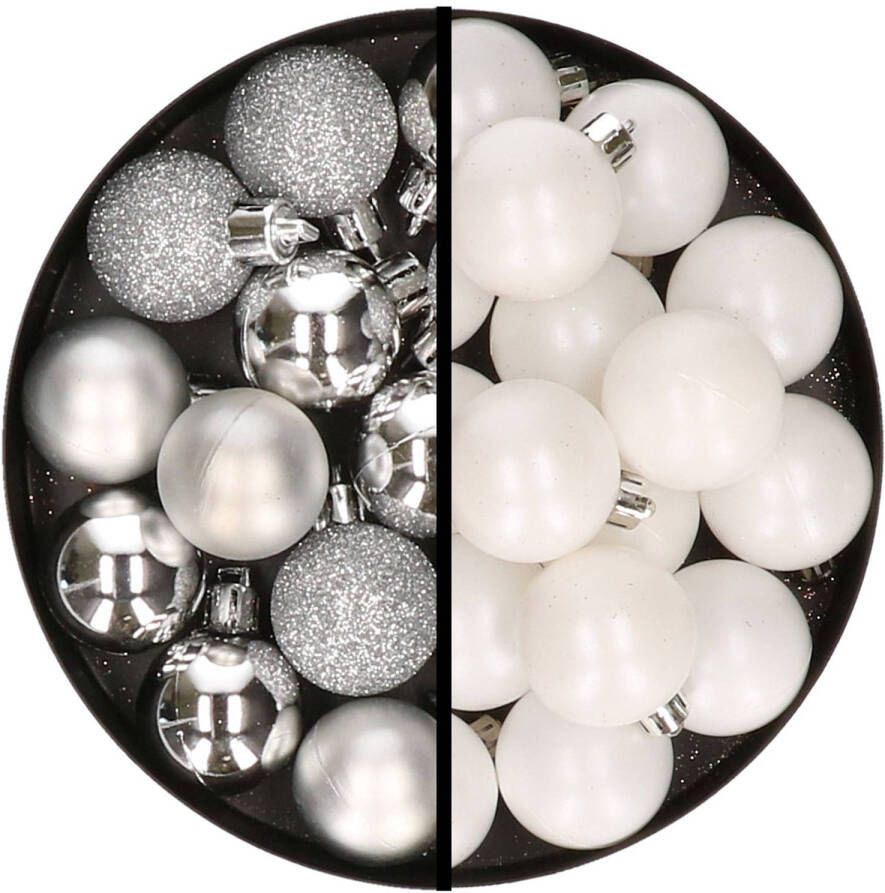 Merkloos 36x stuks kunststof kerstballen zilver en wit 3 en 4 cm Kerstbal