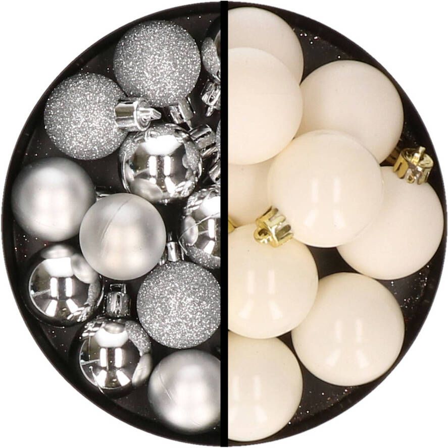 Merkloos 36x stuks kunststof kerstballen zilver en wol wit 3 en 4 cm Kerstbal