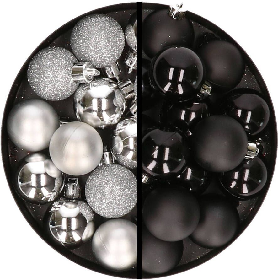 Merkloos 36x stuks kunststof kerstballen zilver en zwart 3 en 4 cm Kerstbal