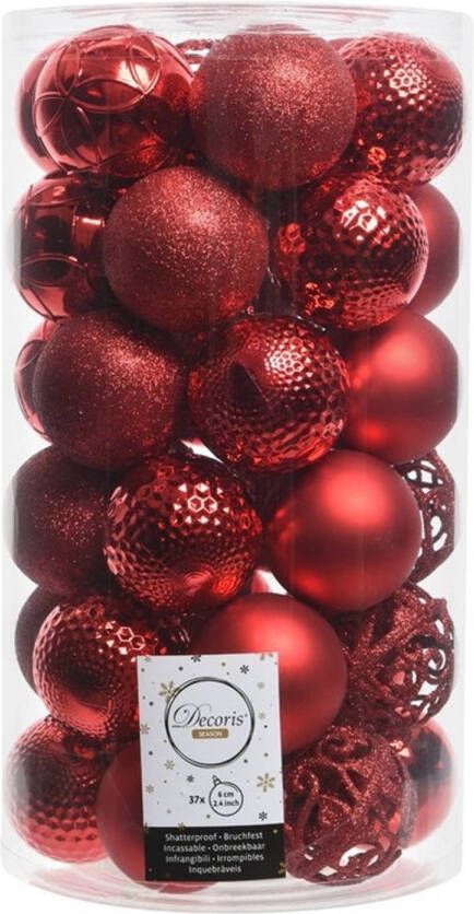 Merkloos 37x Kerst rode kunststof kerstballen 6 cm Mix Onbreekbare plastic kerstballen Kerstboomversiering kerst rood