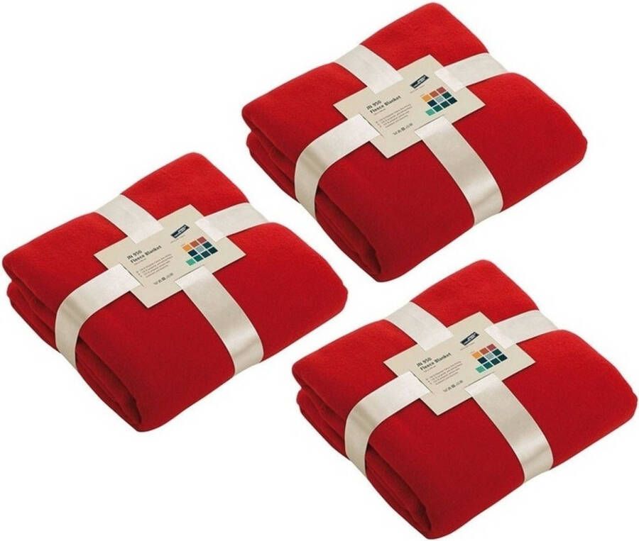 Merkloos 3x Fleece dekens plaids rood 130 x 170 cm Plaids