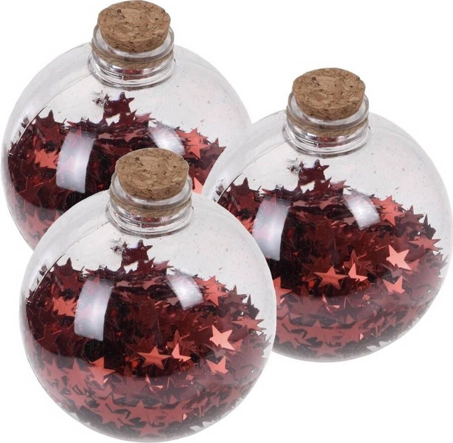 Merkloos 3x Kerstballen transparant rood 8 cm met rode sterren kunststof kerstboom versiering decoratie Kerstbal