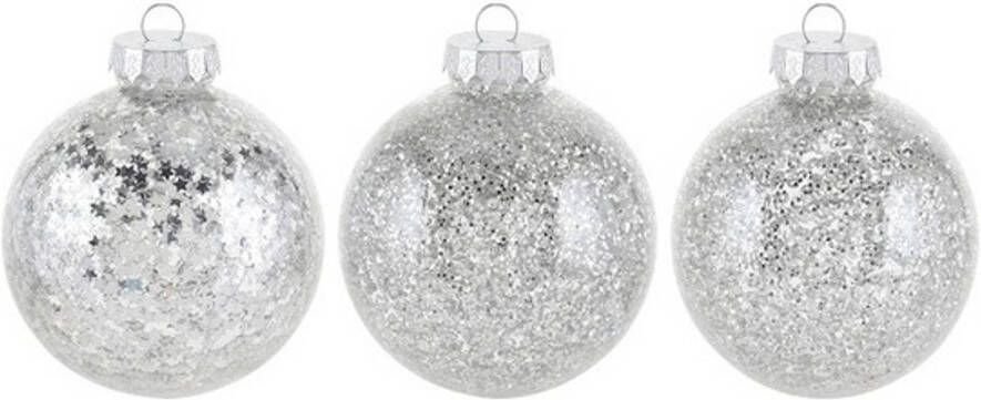 Merkloos 3x Glitter kerstballen zilver 8 cm kunststof kerstboom versiering decoratie Kerstbal
