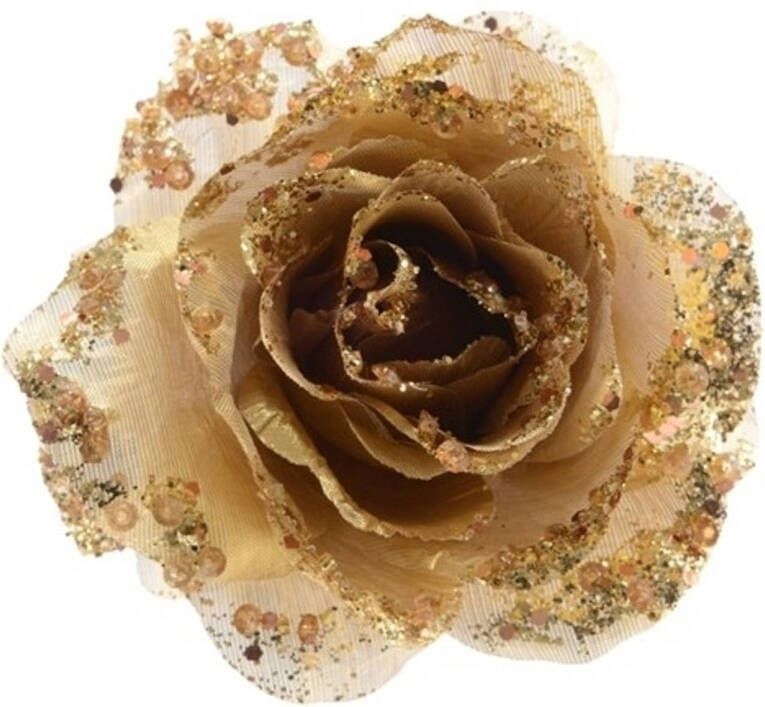Merkloos 3x Gouden glitter roos met clip Kersthangers