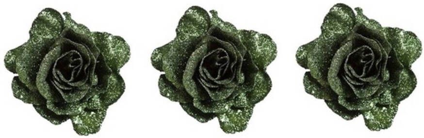 Merkloos 3x Groene roos met glitters op clip 10 cm kerstversiering Kersthangers