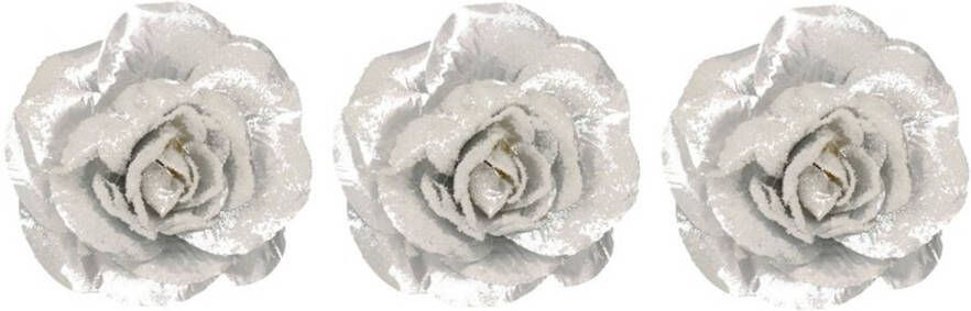 Merkloos 3x Kerst hangdecoratie op clip zilver bloempje roosje 12 cm Kersthangers