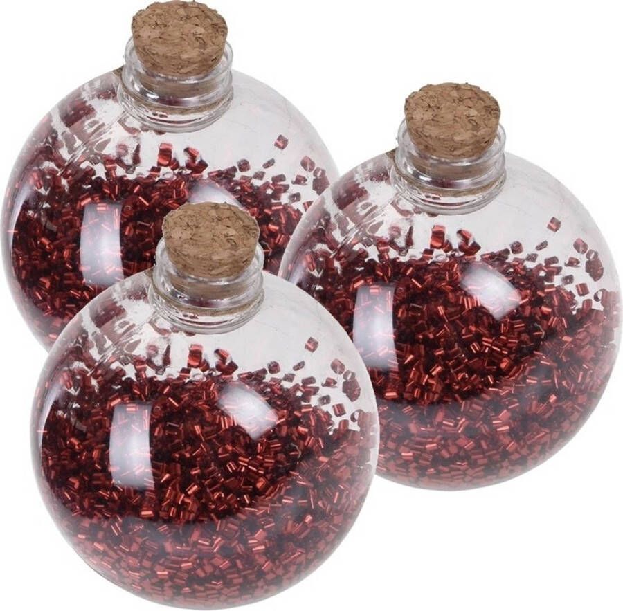 Merkloos 3x Kerstballen transparant rood 8 cm met rode glitters kunststof kerstboom versiering decoratie Kerstbal