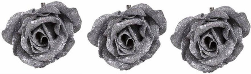 Merkloos 3x Kerstboom decoratie roos op clip zilver glitter 9 cm Kersthangers