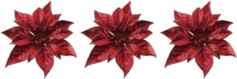 Merkloos 3x Kerstboomversiering bloem op clip rode kerstster 18 cm Kersthangers