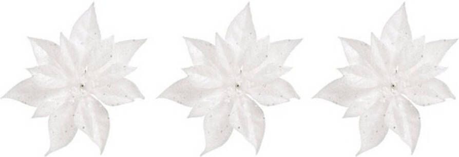 Merkloos 3x Kerstboomversiering bloem op clip witte kerstster 18 cm Kersthangers