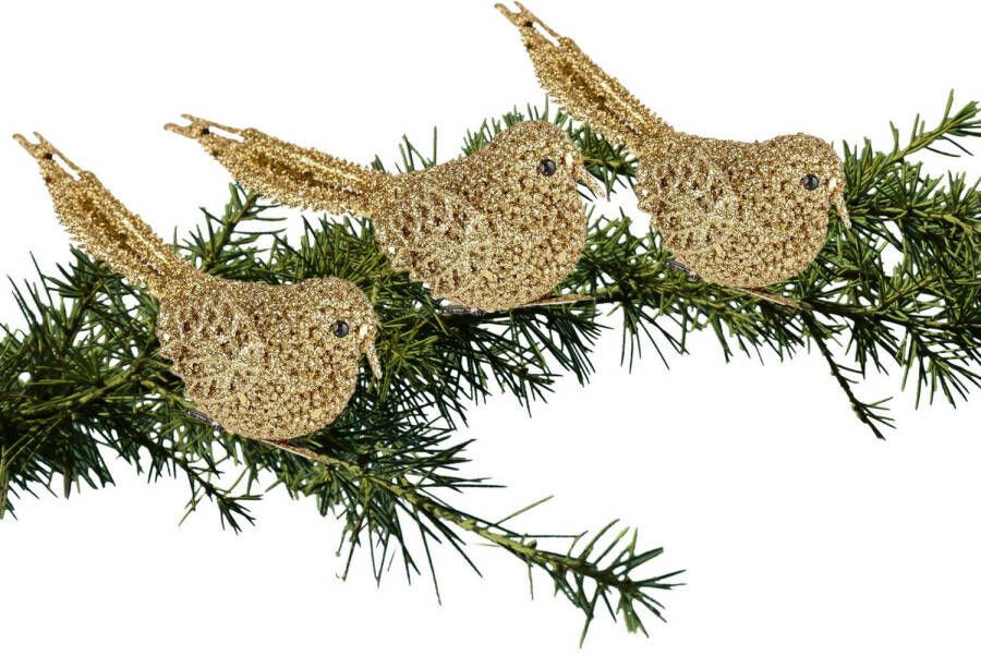 Cosy & Trendy 3x Kerstboomversiering glitter gouden vogeltjes op clip 12 cm Kersthangers