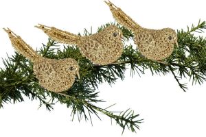 Merkloos 3x Kerstboomversiering Glitter Gouden Vogeltjes Op Clip 12 Cm Kersthangers