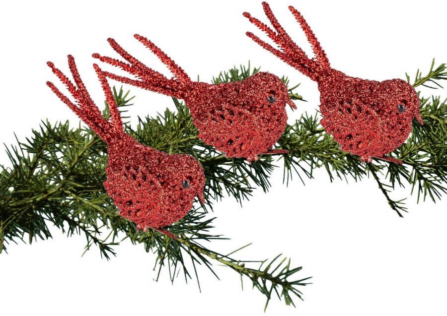 Cosy & Trendy 3x Kerstboomversiering glitter rode vogeltjes op clip 12 cm Kersthangers