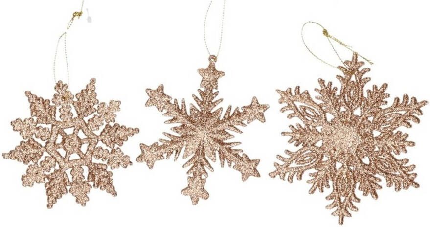 Merkloos 3x Koperen sneeuwvlok ijsster kerstornamenten kerst hangers 10 cm met glitters Kersthangers