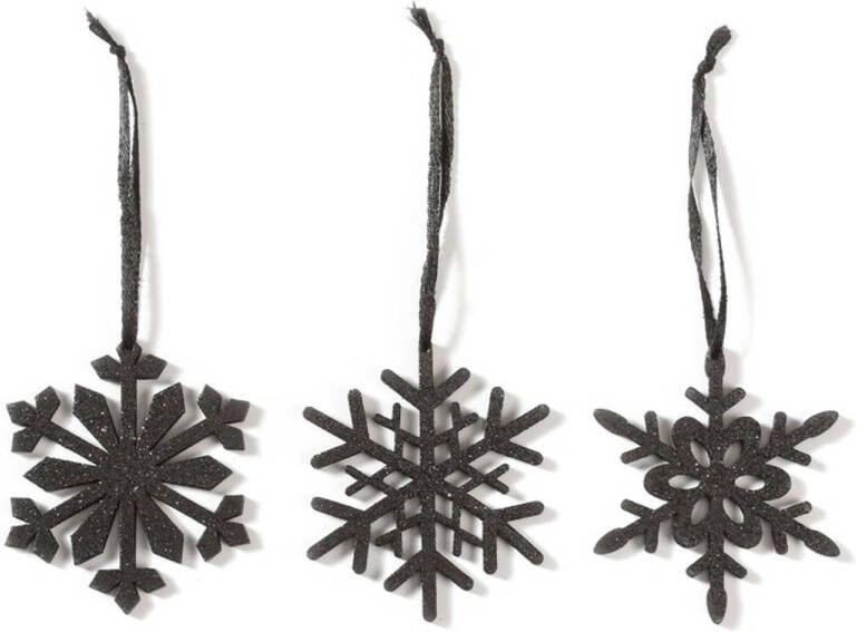 Merkloos 3x Kersthangers figuurtjes zwarte sneeuwvlok ster 7 5 cm Kersthangers