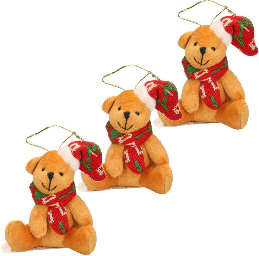 Merkloos 3x Kersthangers knuffelbeertjes beige met gekleurde sjaal en muts 7 cm Kersthangers