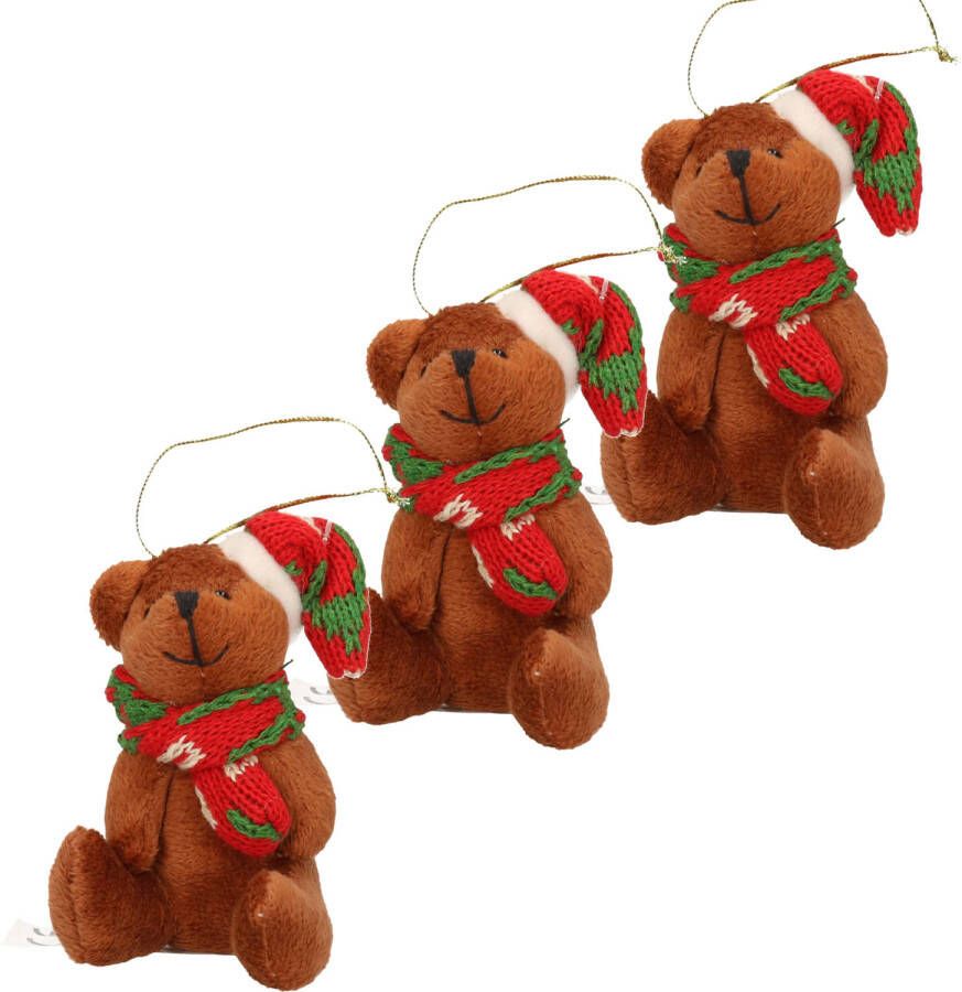 Merkloos 3x Kersthangers knuffelbeertjes bruin met gekleurde sjaal en muts 7 cm Kersthangers