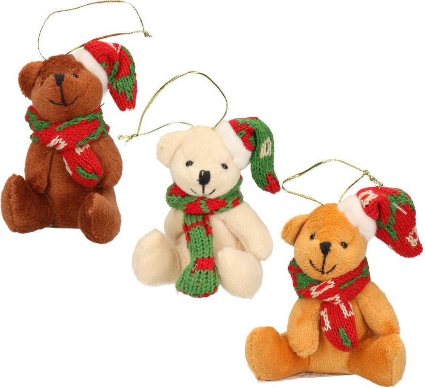 Merkloos 3x Kersthangers knuffelbeertjes wit en beige en bruin met gekleurde sjaal en muts 7 cm Kersthangers