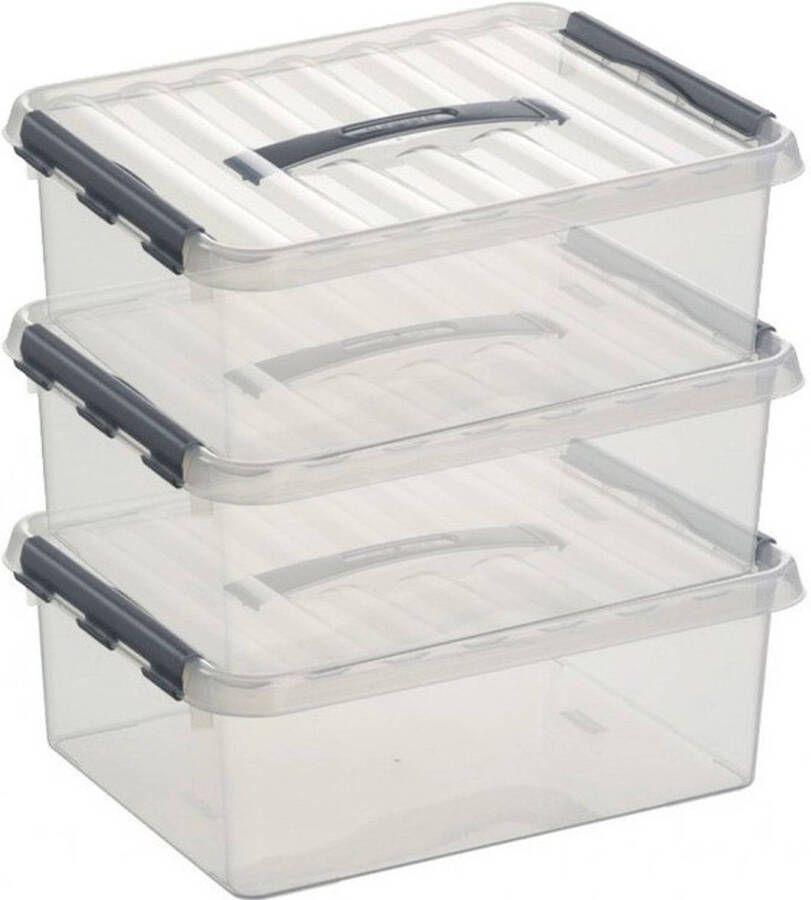 Sunware 3x Q-Line opberg box opbergdoos 12 liter 40 x 30 x 14 cm kunststof A4 formaat opslagbox Opbergbak kunststof transparant zilver Opbergbox