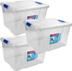 Merkloos 3x Opbergboxen opbergdozen Met Deksel 25 Liter Kunststof Transparant blauw Opbergbox