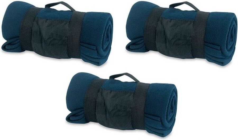 Merkloos 3x Fleece dekens plaids blauw afneembaar handvat 160 x 130 cm Plaids