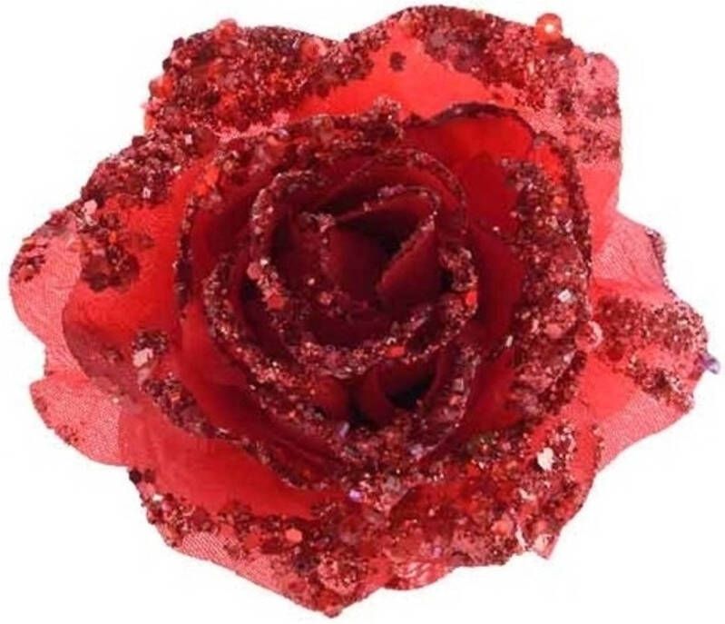 Merkloos 3x Rode glitter rozen met clip Kunstbloemen