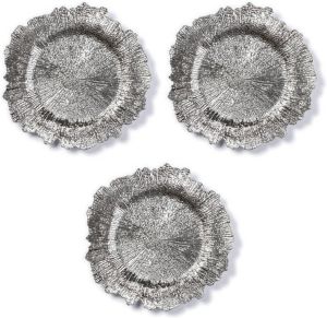 Merkloos 3x Ronde zilveren asymmetrische onderzet borden kaarsonderzetters 33 cm Kaarsenplateaus