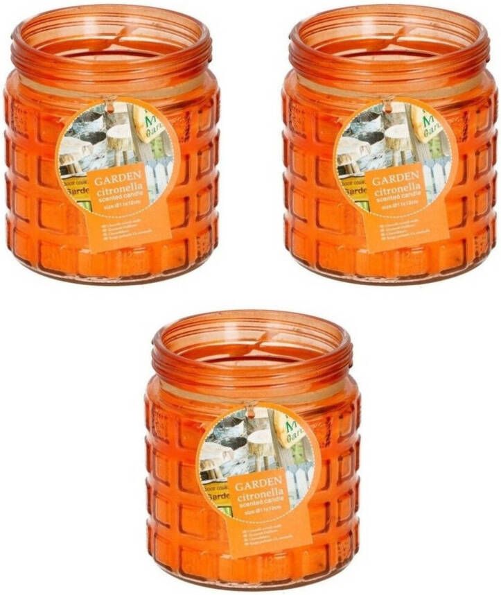 Merkloos 3x stuks citronella kaarsen tegen insecten in glazen pot 12 cm oranje geurkaarsen